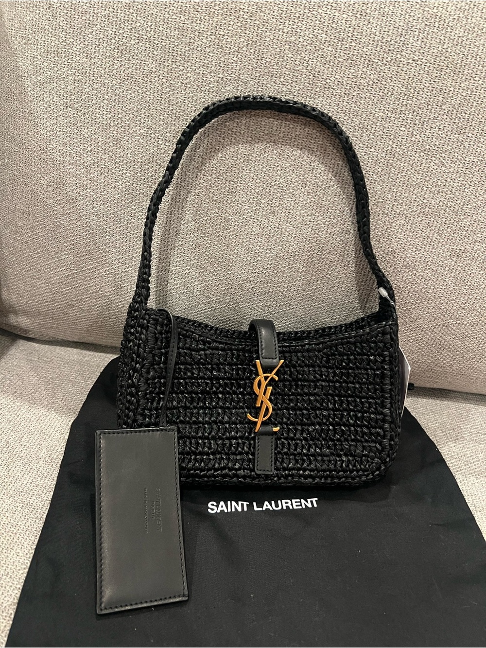 NEW SAINT LAURENT Women's Le 5 À 7 Leather - Black Trimmed Raffia Mini Hobo Bag - Picture 10 of 14